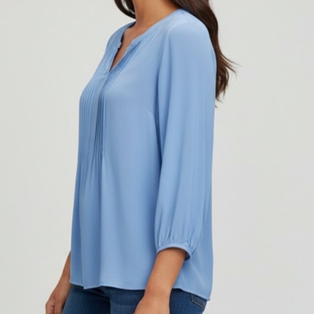 Talbots Cornflower Blue Split Neck Pintuck Blouse - image 2
